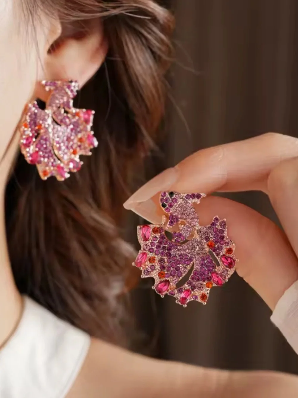 Elegant Anthropologie Pink & Purple Crystal Leaf Statement Earrings